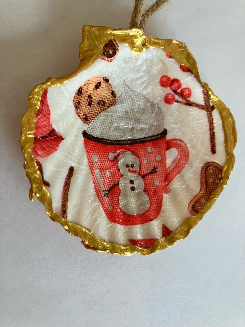 Handcrafted Snowman Christmas Seashell ornament 3 inch Decoupage